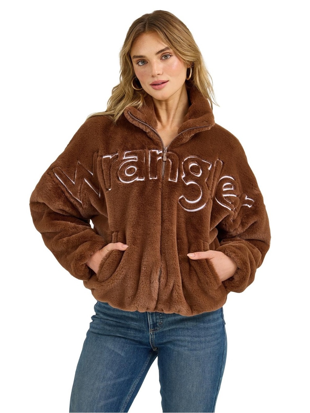Wrangler Plush Zip-Up Teddy Jacket in Chestnut Brown